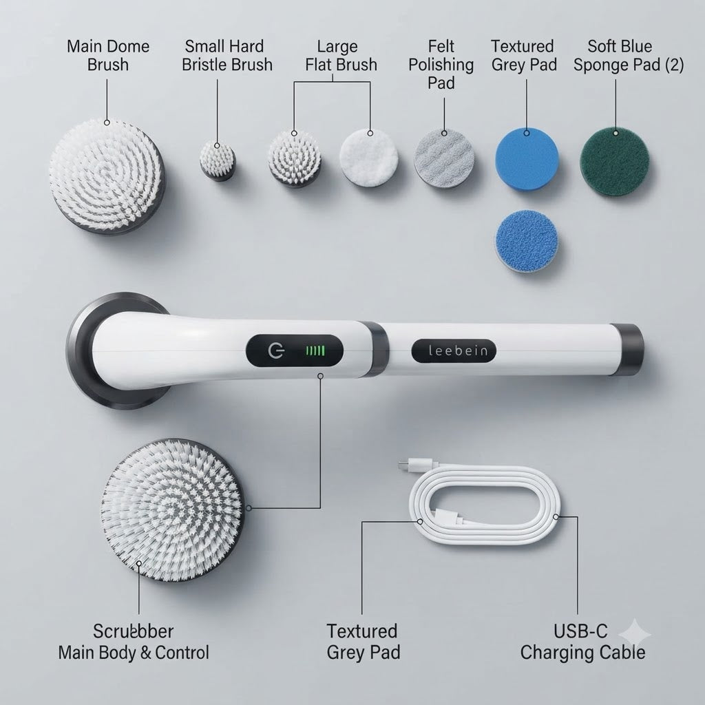 Electric spin scrubber flat lay with all brush heads