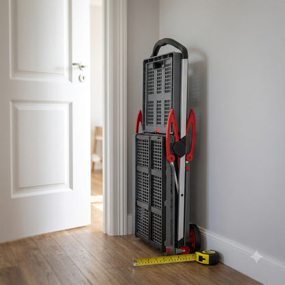 EasyRoll trolley folded flat to 7 inches, standing beside a door with a tape measure