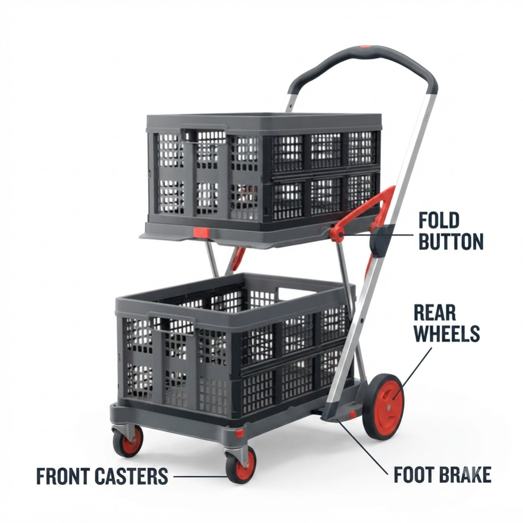 EasyRoll Trolley key features - fold button, wheels, foot brake