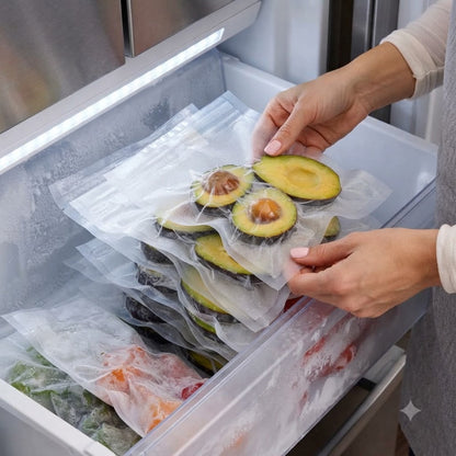 Vacuum sealed bags stacked in freezer