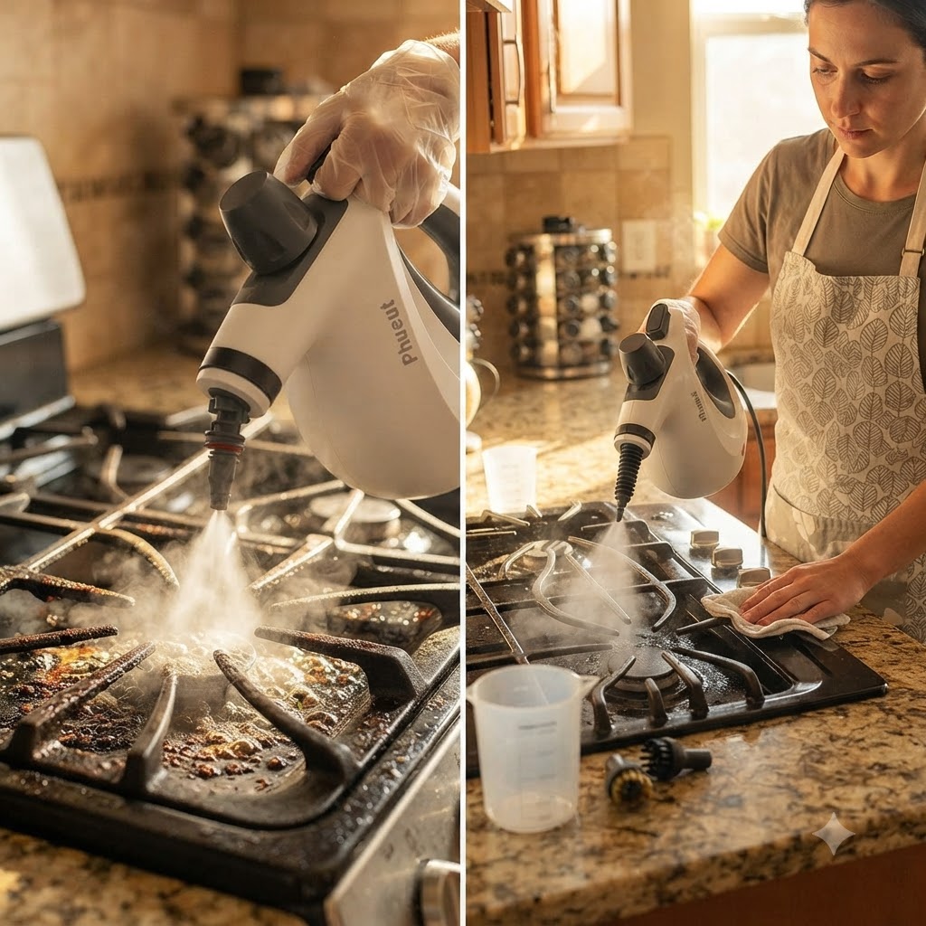Steam cleaning a greasy stovetop