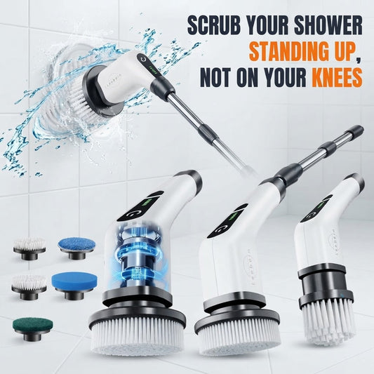 Electric Spin Scrubber cleaning shower tile standing up