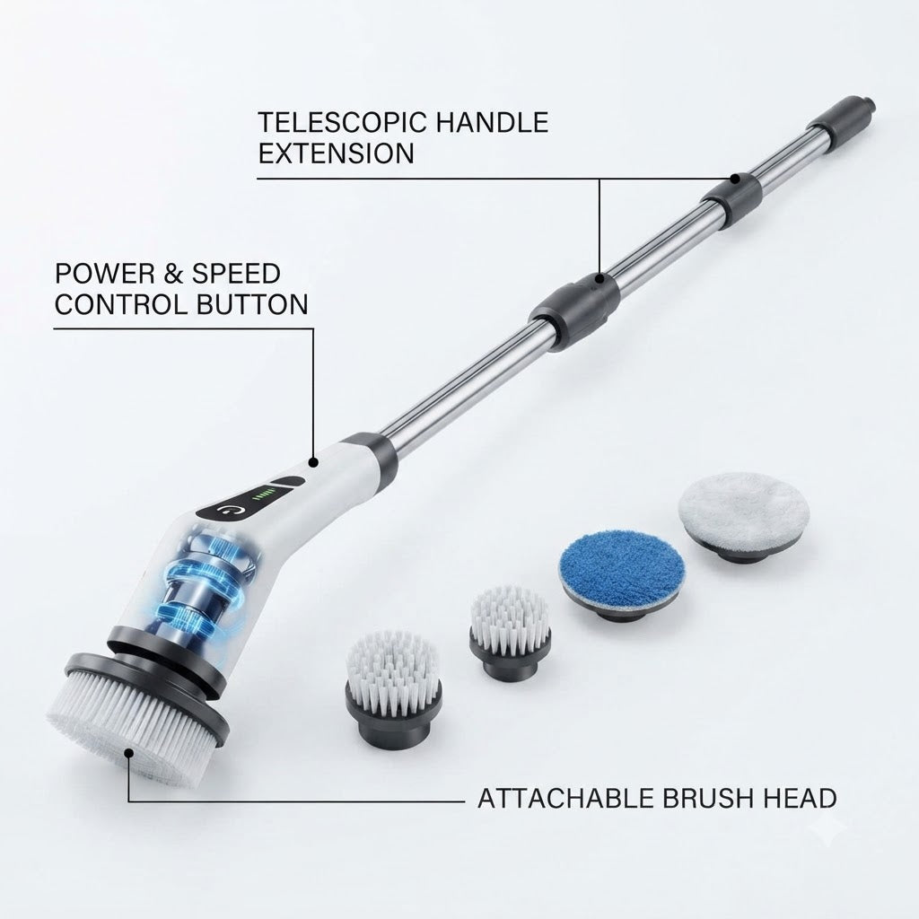 Electric spin scrubber telescopic handle and brush heads