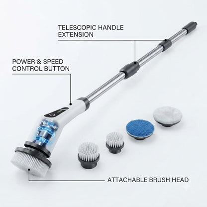 Electric spin scrubber telescopic handle and brush heads
