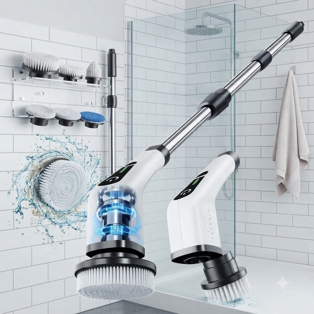 Electric spin scrubber on shower and tile