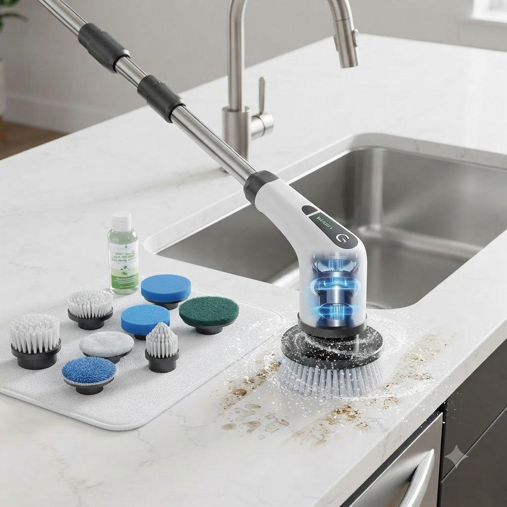 Electric spin scrubber on sinks and countertops