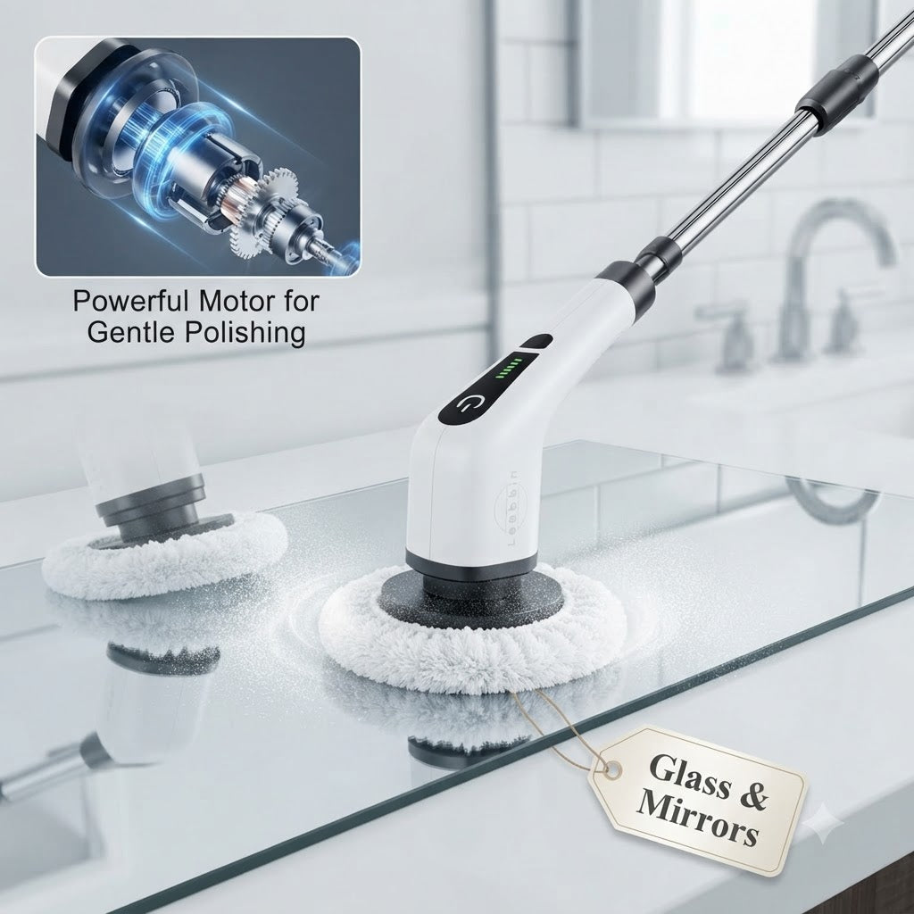 Electric spin scrubber on glass and mirrors