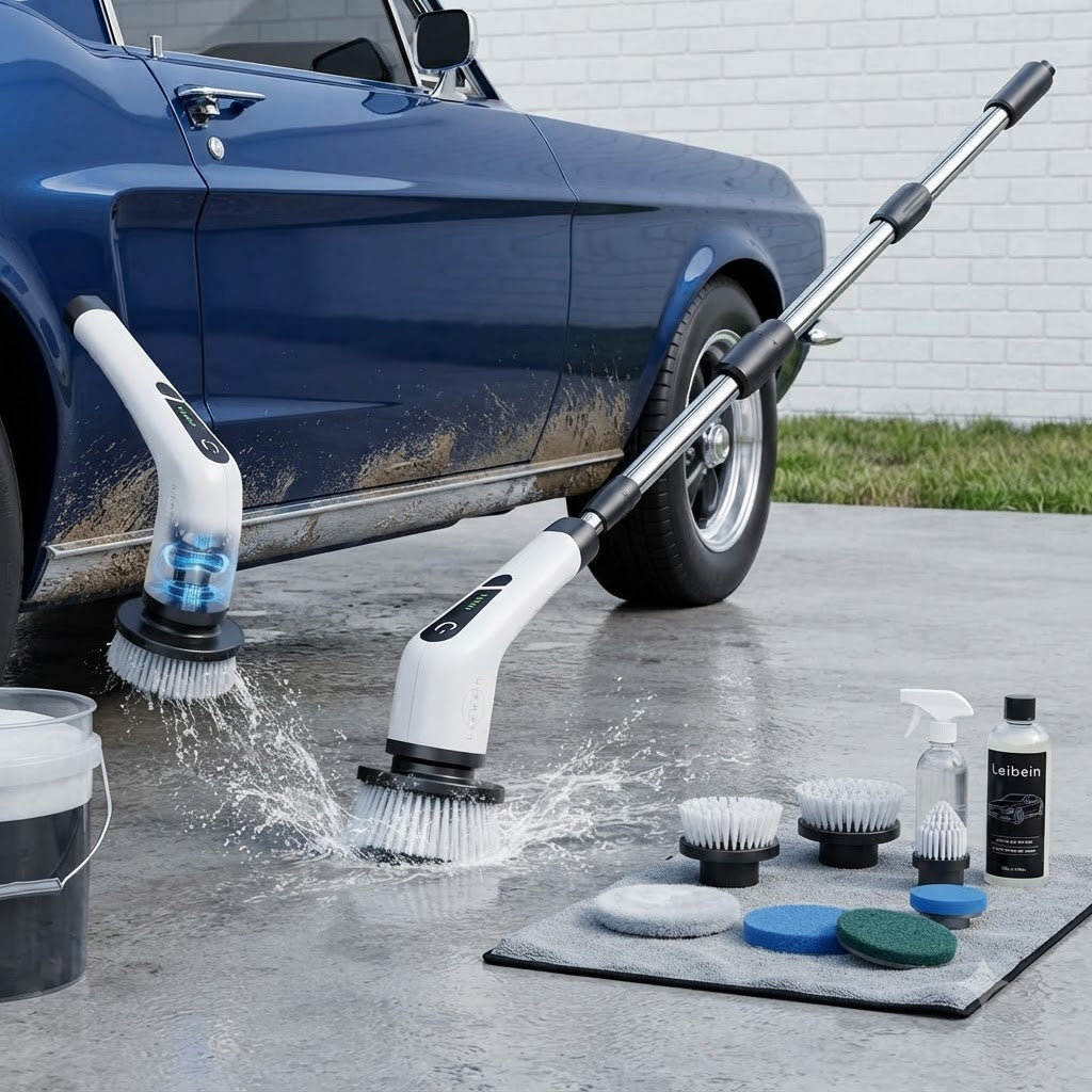 Electric spin scrubber used outdoors on a car