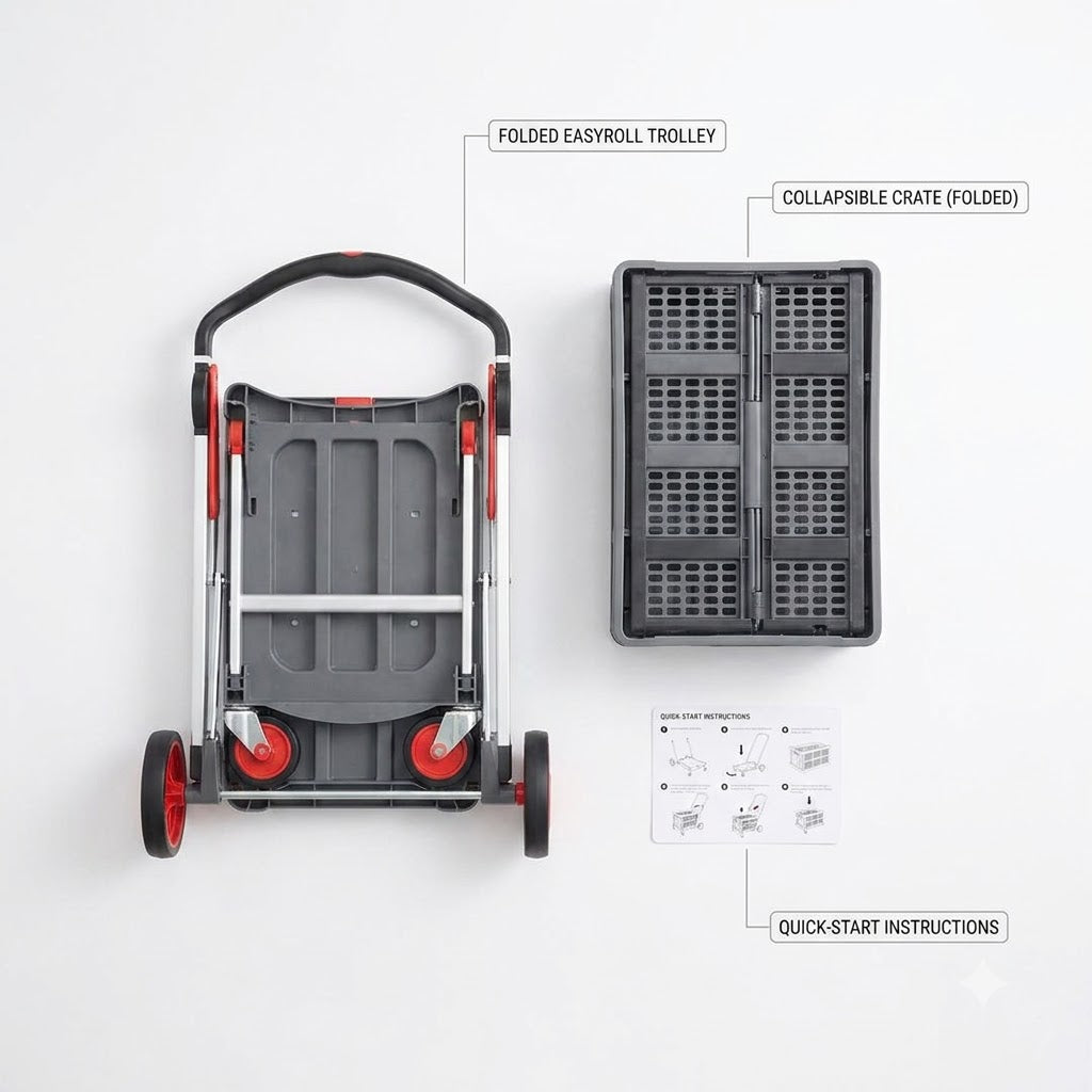 What is in the box - folded EasyRoll trolley, collapsible crate, quick-start instructions