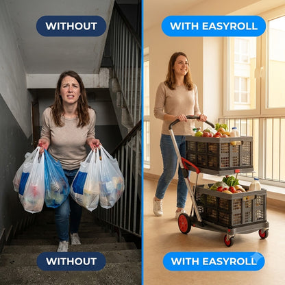 Without EasyRoll versus with EasyRoll - carrying grocery bags up stairs compared to pushing the trolley